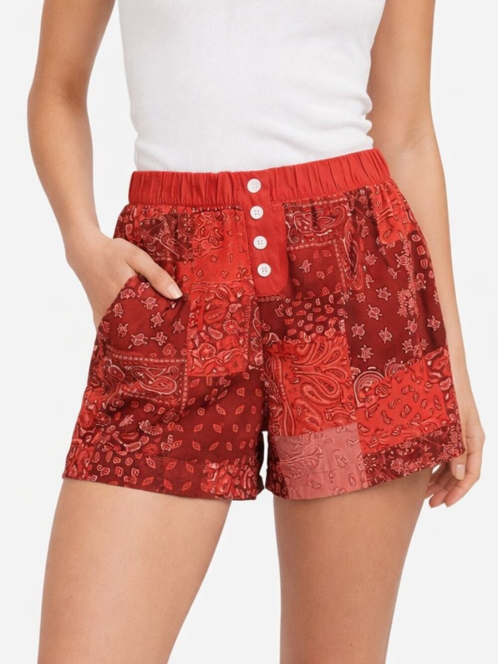 Zoe + Liv Juniors Patchwork High Waist Shorts Red XS